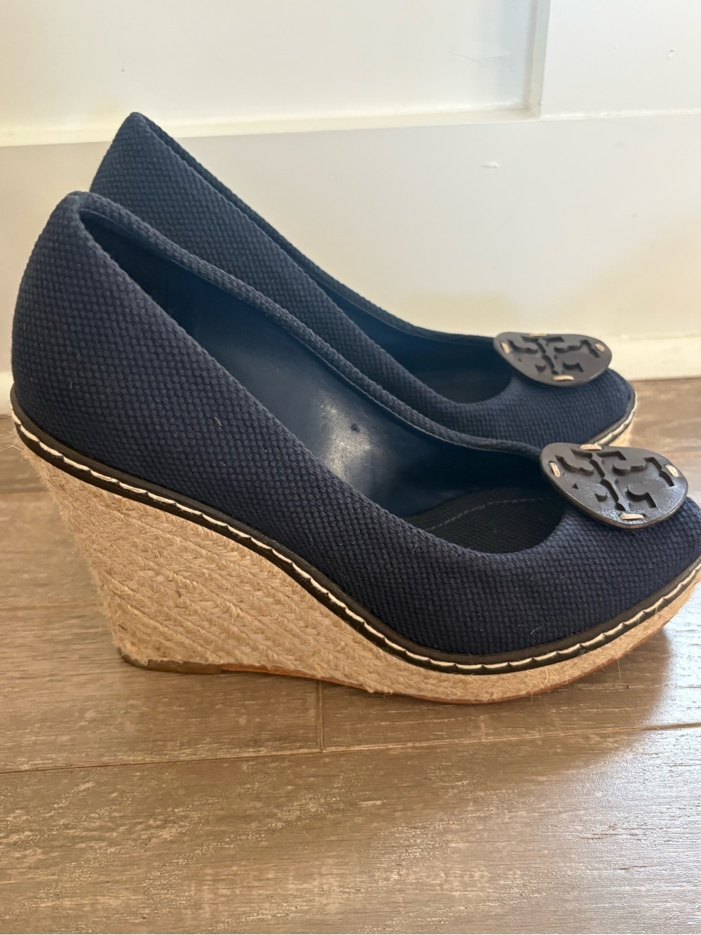 Tory Burch Navy Canvas Espadrille Wedge Peep Toe Heels Size 7M - Picture 6 of 7